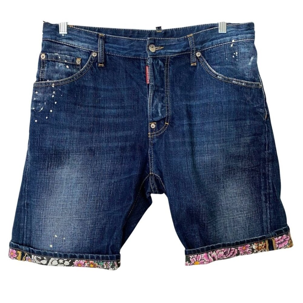 DSQUARED2 Dark Blue Jean Shorts with Floral Accents